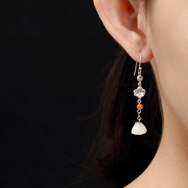 

INALIS 925 Sterling Silver Luxurious China Style Ear Hook Drop Earrings White Jade Lotus Dangle Brincos for Women Party Jewelry