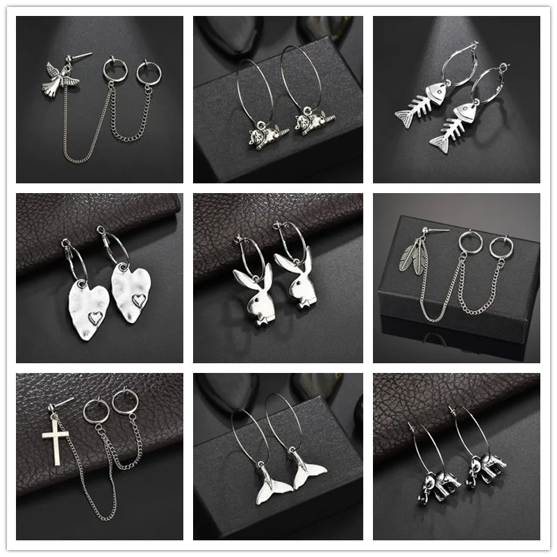 

MESTILO 2019 Simple Silver Color Cute Animals Pendant Earrings Love Heart Drop Earrings For Ladies Men Rock Circle Earrings Gift