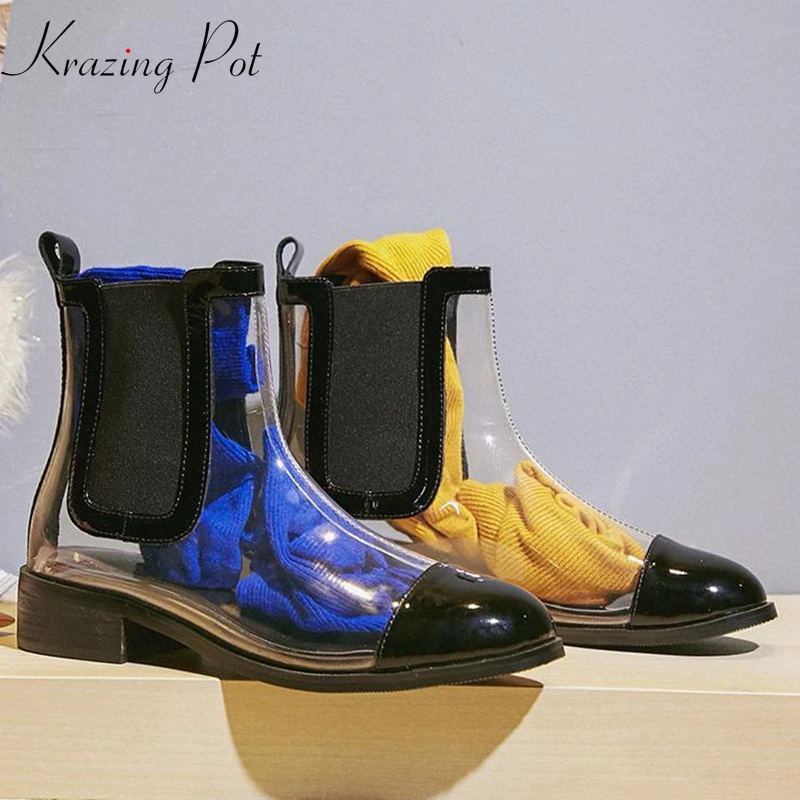 

Krazing Pot new arrival 2019 cow leather low heels mixed color jelly crystal shoes movie star gorgeous transparent rainboots L70