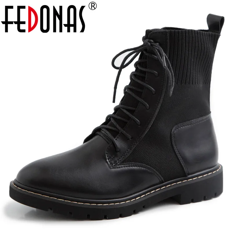 

FEDONAS Classic Black Genuine Leather Knitting Women Ankle Boots Round Toe Low Heels Western Boots New Party Office Shoes Woman
