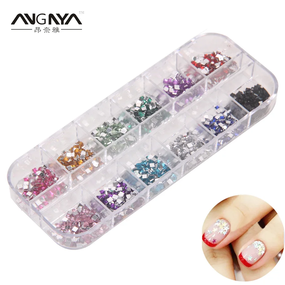 ANGNYA 12 Colors/Box Nail Art Decorations Square Crystal Gems 3D Nail