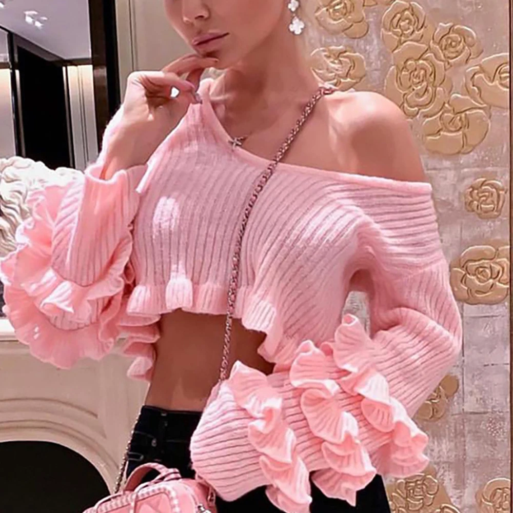 Missord 2021 Autumn and Winter Sexy Off Shoulder Ruffles Knitted Sweater Women Solid Color Lovely MQ19615 | Женская одежда