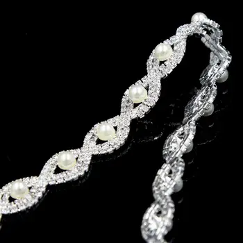 

5Yards Pearls Crystal Rhinestones Trim Silver Gold Plated Sew on Appliques Chain for Prom Dress Belt Decoration