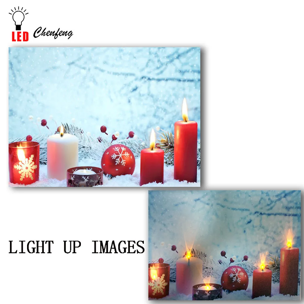 

Led canvas printing wall decorative Christmas balls Twinkling candles Pictures light up oil painting new year holiday gifts