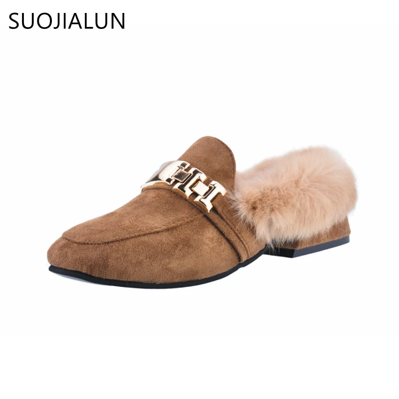 

SUOJIALUN 2017 Winter Women Fur Slippers Flats Brand Fur Shoes Slip On Outside Metal Chain Close Toe Low Heels Mules Sandals