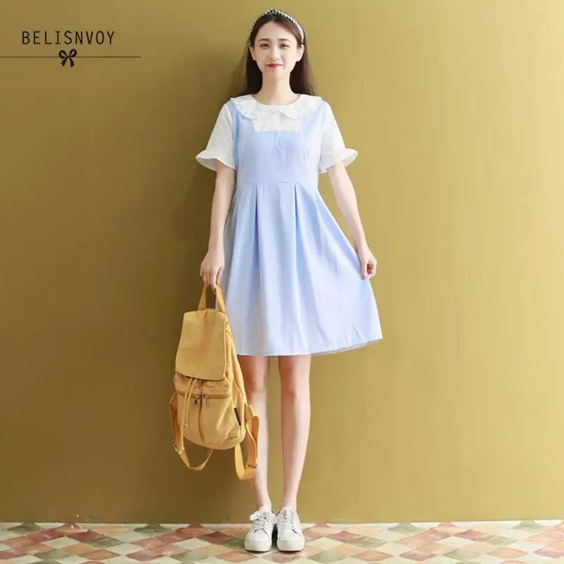 Japanese Preppy Style Summer Women Sweet Dresses Peter Pan Collar Blue ...