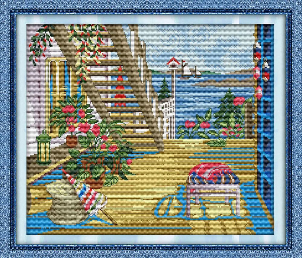 Joy Sunday The beautiful seaside villa in summer Counted Cross Stitch Kits printed Cross stitch