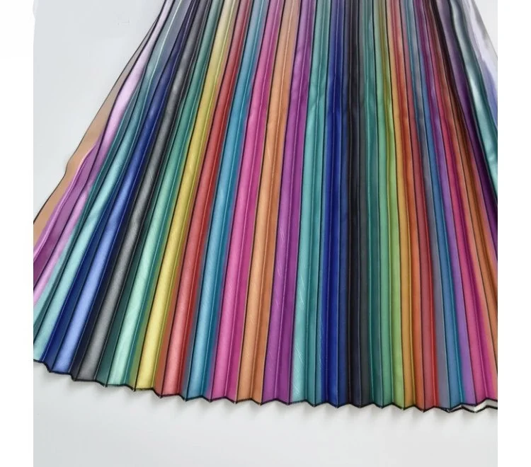 Gradient Skirt Pleated Long Skirt Woman Elegant High Waist A-Line Pleated School Midi Skirt Metallic Rainbow Female Autumn 0121