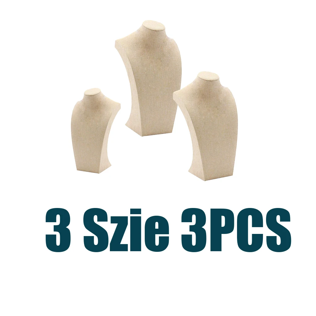 3 Pcs Linen Wooden Necklace Display Bust Stand Mannequin - Jewelry Holder for Necklaces Chain, Choker, Pendant - Beige