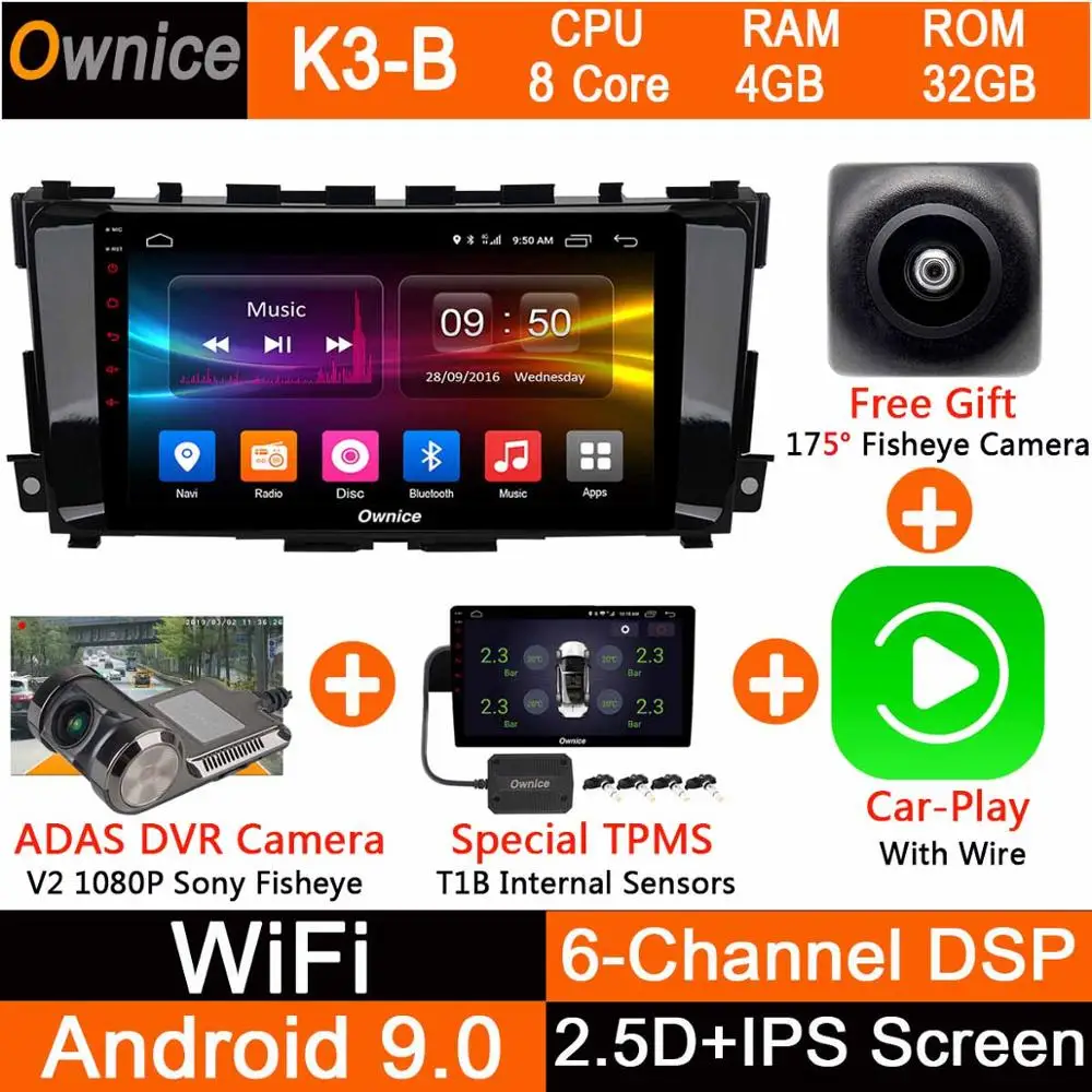 K3B-CarPlay-TPMS-DVR Octa Core " ips 4 г оперативная память+ 32 г Встроенная память Android 9,0 автомобиля радио gps для Nissan Teana Altima 2013- навигации DVD плеер DSP Carplay - Цвет: K3B-CarPlay-TPMS-DVR