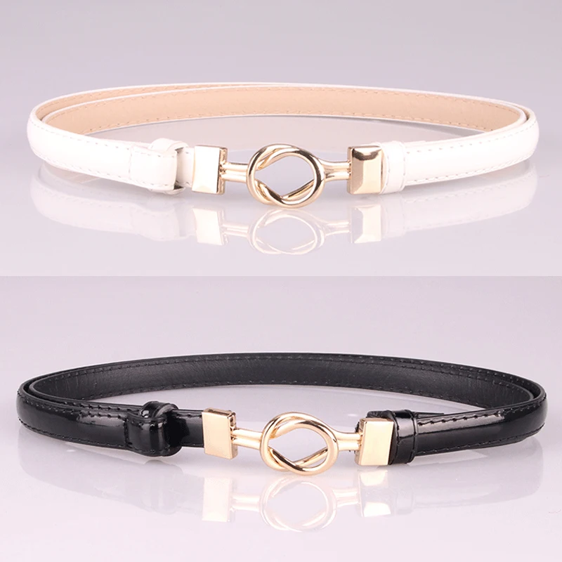 Women Faux Leather Belt Gold Alloy Buckle Thin Girdle Waistband