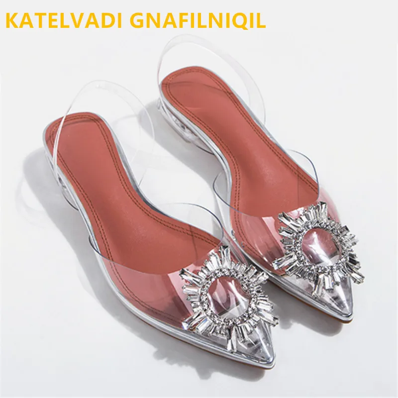 

KATELVADI 2.5CM Heels Sandals For Summer Clear PVC Sandals Fashion Crystal Buckles Pointed toe Women's Sandals K-427