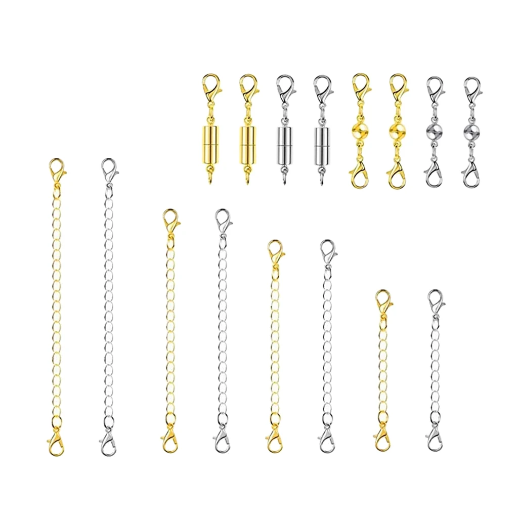 

16x Gold & Silver Necklace Jewelry Extenders Chains Magnetic Lobster Clasps