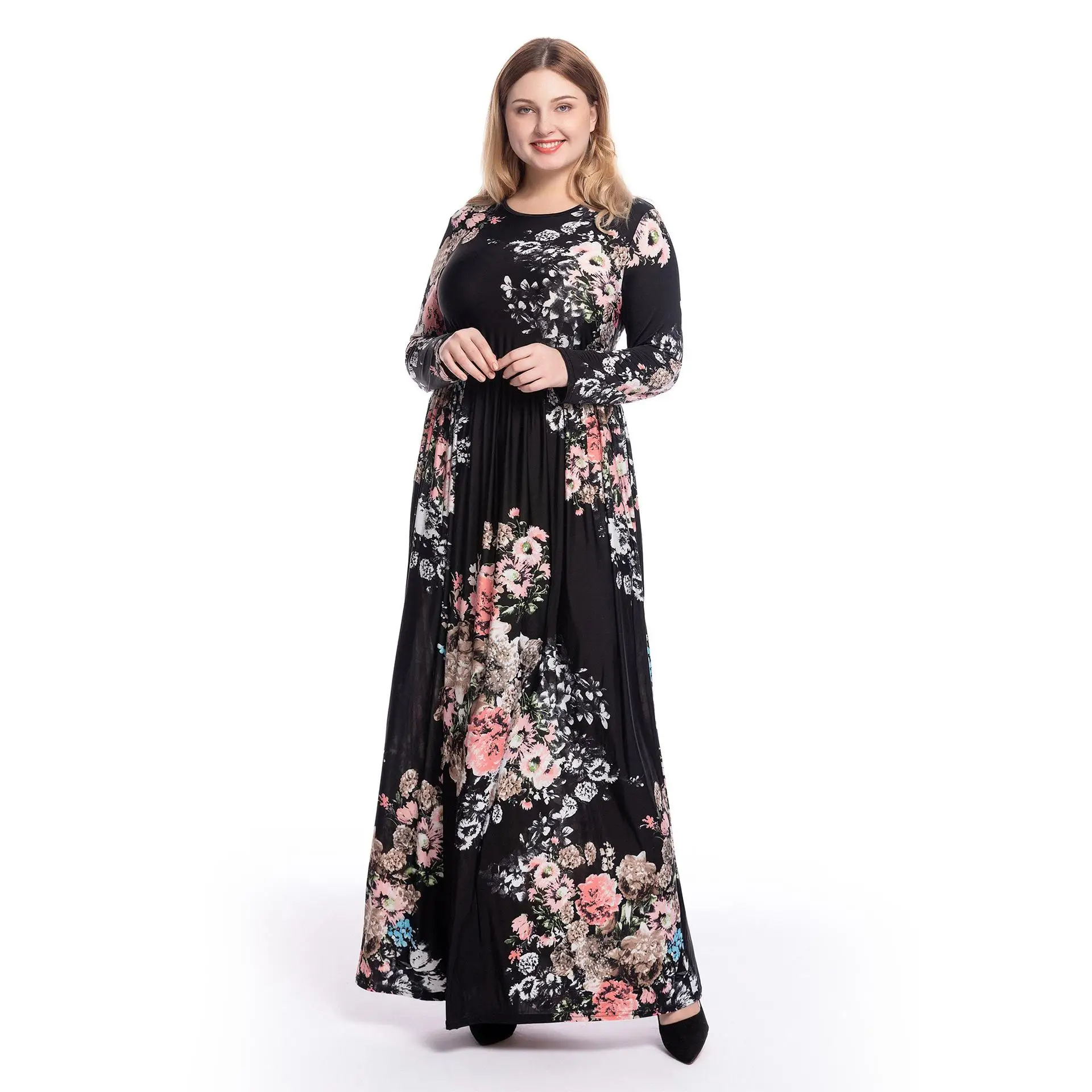 Плюс размеры Новый Boho Цветочный Принт Макси длинное платье для женщин для отдыха и вечеринок драпированные длинный рукав, мусульманский