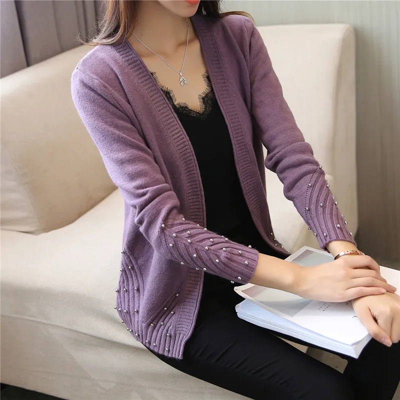 

2017 new autumn dresses slim knit cardigan Beaded female coat
