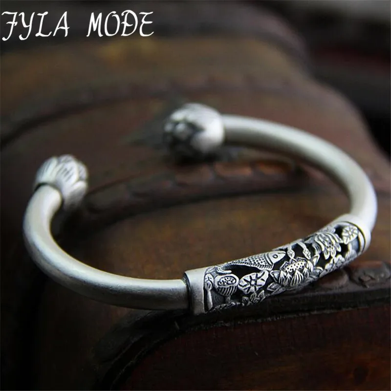 

Fyla Mode New Pure S990 Sterling Silver Bracelets For Women Brand Luxury Elegant Lotus Fish Carved Bangle Fine Jewelry 8mm 22.10
