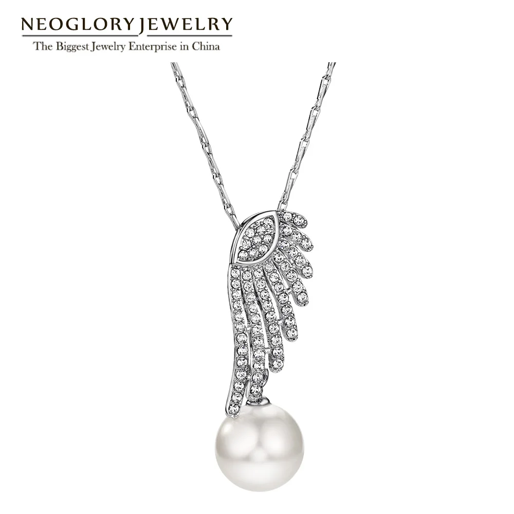 

Neoglory Fashion Feather Design Luxury Rhinestone Jewelry White Simulated Pearl Pendants Necklaces for Women Gifts 2020 New AOM