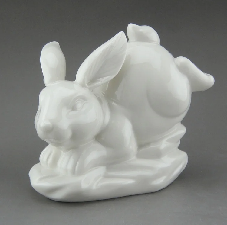 Cute Porcelain Rabbit Sculpture Ceramic Bunny Statue Animal Zodiac Art