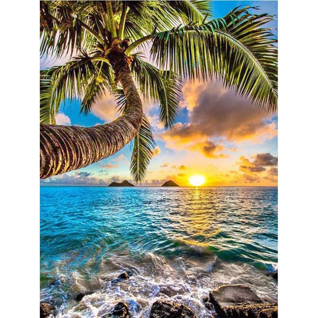 

5D DIY Full Round Drill Diamond Painting Scenery Sea Beach sun Coconut tree 3d Mosaic Diamant Embroidery Wedding Room Decoration