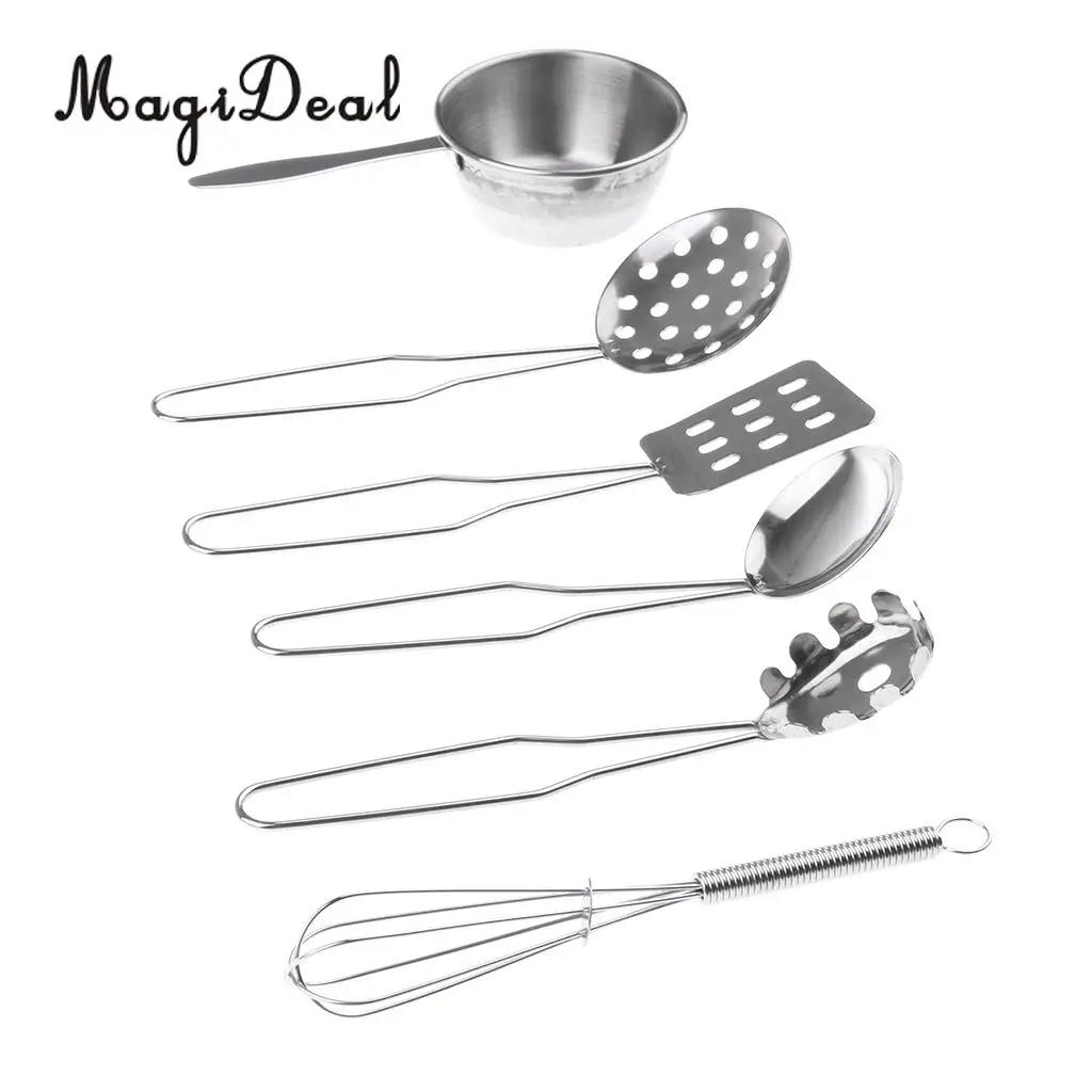 6Pcs/Set Stainless Steel Kitchen Cookware Cooking Utensils Toy Children Kids Pretend Role Play Toy Silver