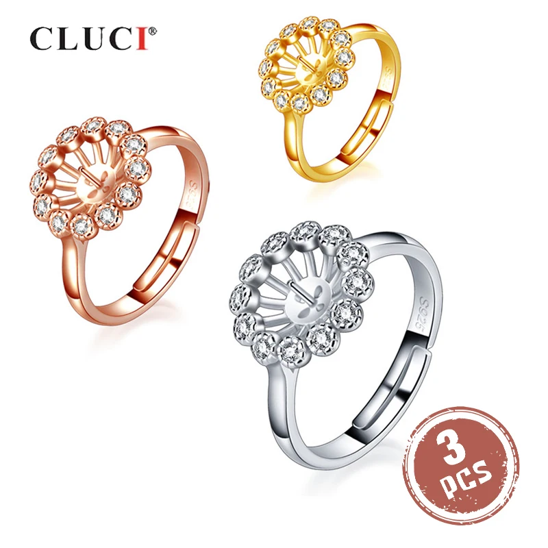 

CLUCI 3pcs 925 Sterling Silver Flower Ring for Jewelry Adjustable Pearl Ring Mounting Silver 925 Zircon Women Rings SR2247SB