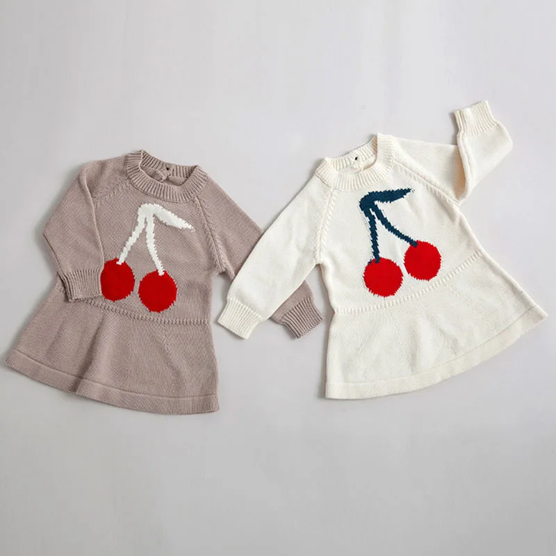 

2019 Spring Autumn Casual Cherry Printing Sweater Baby Girls Dress Kids Princess Pure Cotton Girls Long Sleeve Children Clothes
