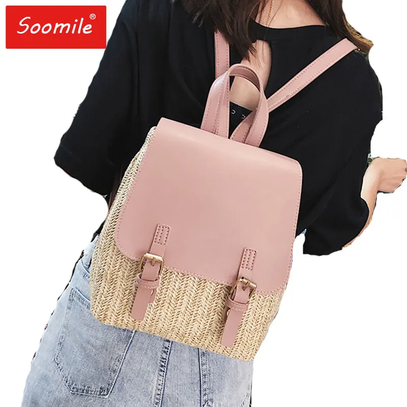 ##BUY Soomile Black Pink Straw Woven Women Backpack Mini PU Leather Schoolbags For Teenage Girls Backpacks Small Back Pack