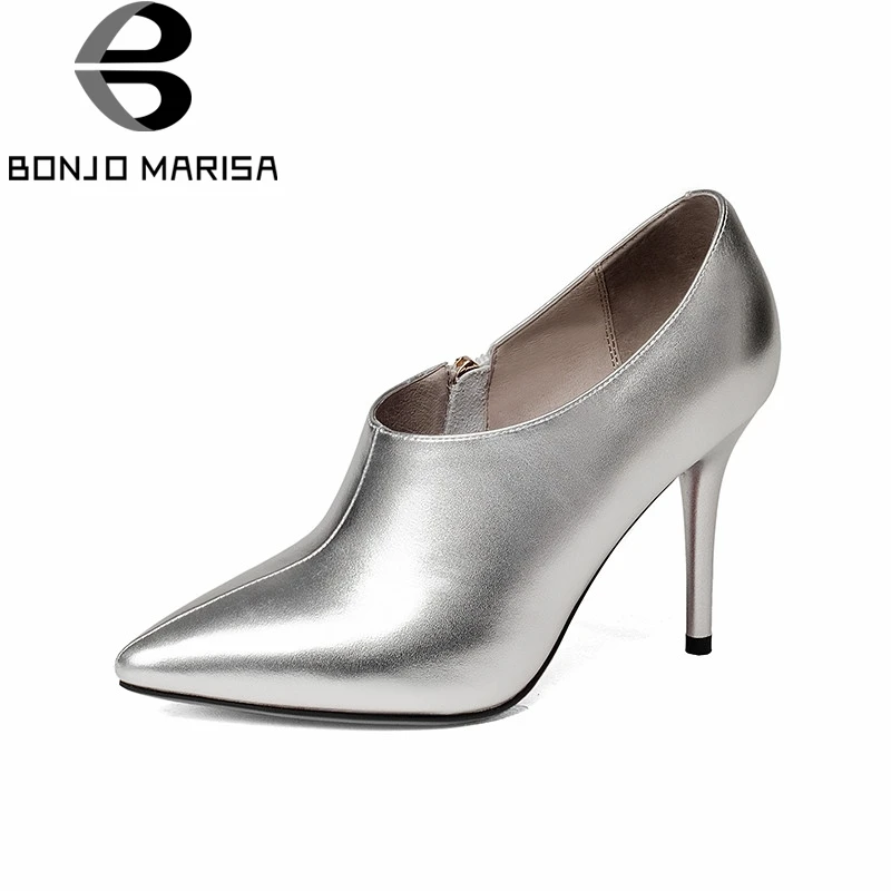 

BONJNOMARISA 2018 Spring Autumn Fashion Overall Genuine Leather Women Ol Pumps Elegant High Thin Heels Zip Work Shoes Woman