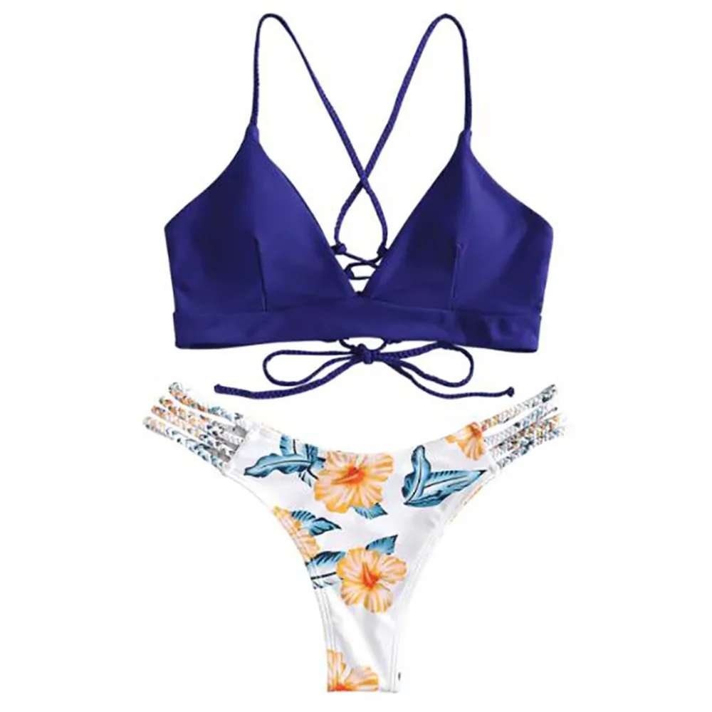 

2019 New Women's Bikini Cut Flower 2pcs Swimsuit Push-up Swimwear Blue Beachwear Bikini Push Up beachwear female swimsuits #s