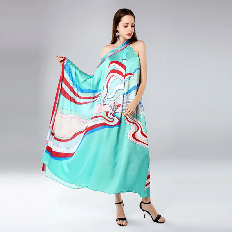 

2019 New Women's Dress Fashion Casual Stripe Positioning Print Oblique Shoulder Big Swing Ladies Irregular Dresses Spring Summer