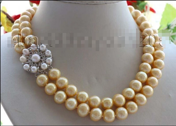 

FREE shipping>>>>>17-18" Double Genuine Natural 12mm Golden Round Pearl necklace #f1665 6.07 6.8 6.09
