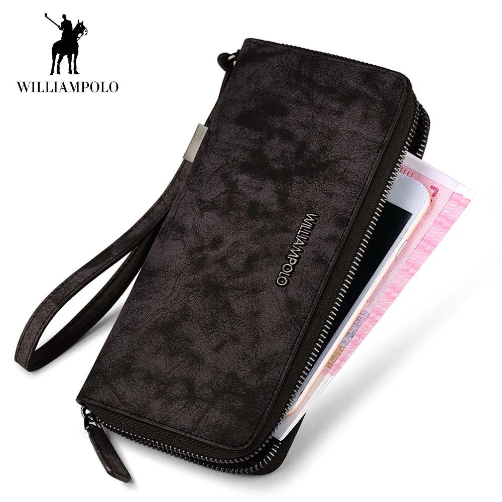 

WILLIAMPOLO Fashion Wallet Men Leather Coin Purse Phone Long Slim Wallets Card Holder Zipper Detachable Wristband Large Capacity