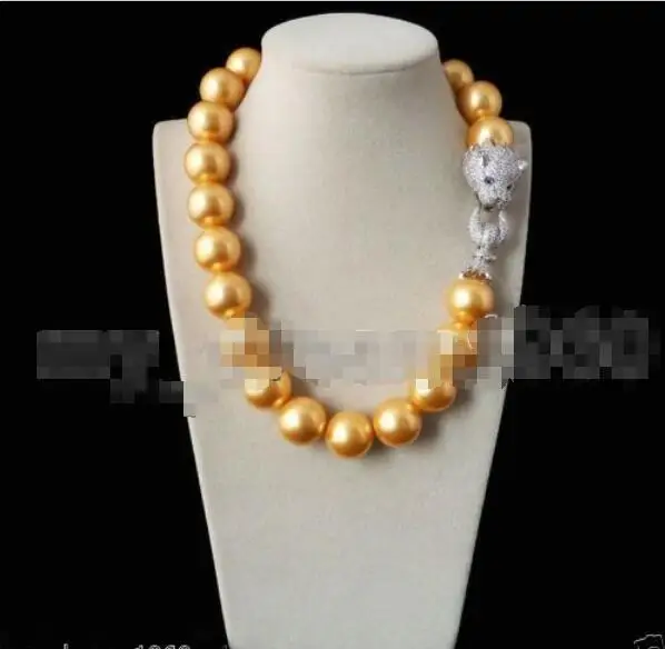 

Hot sale new Style >>>>> Genuine Natural 20mm Yellow Gold South Shell Pearl Zircon leopard Head necklace