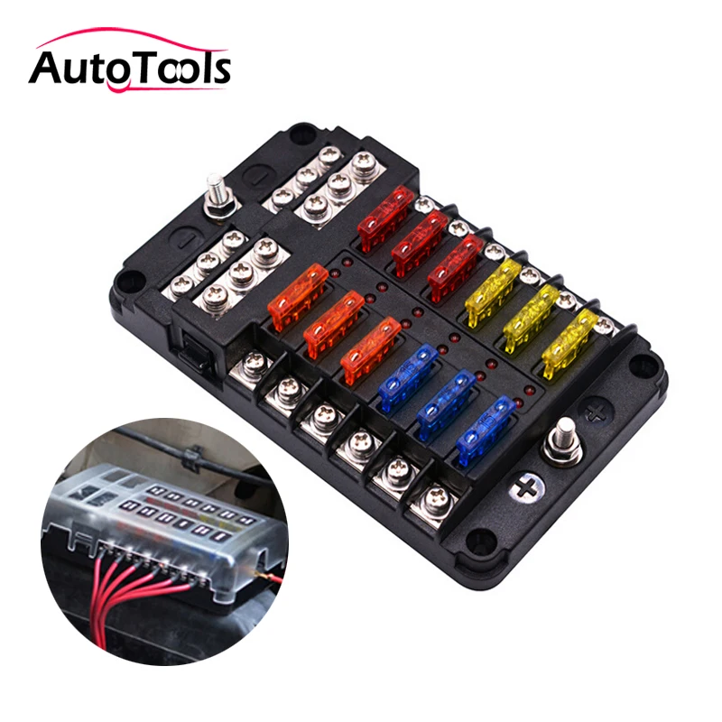

12V 32V auto car Fuse Box Holder M5 Stud With LED Indicator Light 6/12 Ways Blade for Car Boat Marine Trike