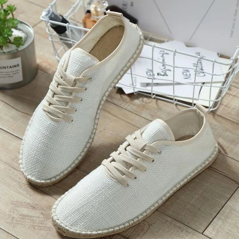 Acheter 2018 Hommes de Toile Chaussures Respirant Hommes Mocassins Glissement Sur Solides Noir Blanc Chanvre Wrap Hommes Chaussures Espadrilles Pêcheur LA 26