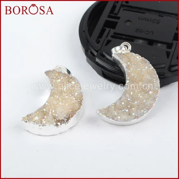 

BOROSA 10PCS Fashion Silver Color Crystal Titanium AB geode Pendant Bead Moon Crescent Druzy Geode Stone for Necklace S0388