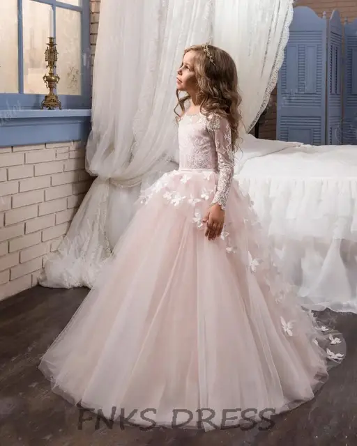 Princess Flower Dress For Weddings Blush Pink Erfly Princess Flower Dress For Weddings Blush Pink Erfly Liques Little Kids Pageant Gown Long Sleeve