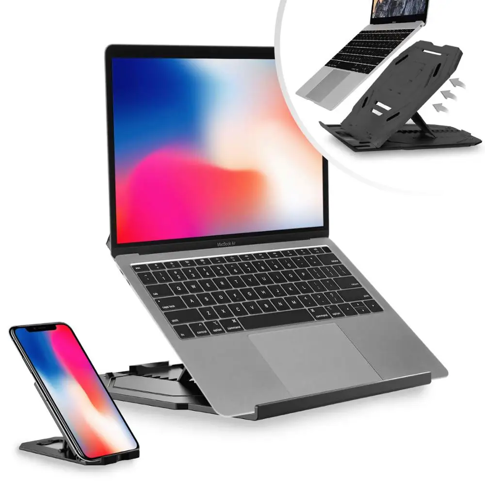 

Portable Foldable Laptop Stand With Mobile Holder 10 Levels Height & Angle Adjustable 360 degree rotation up to 17 inch laptop