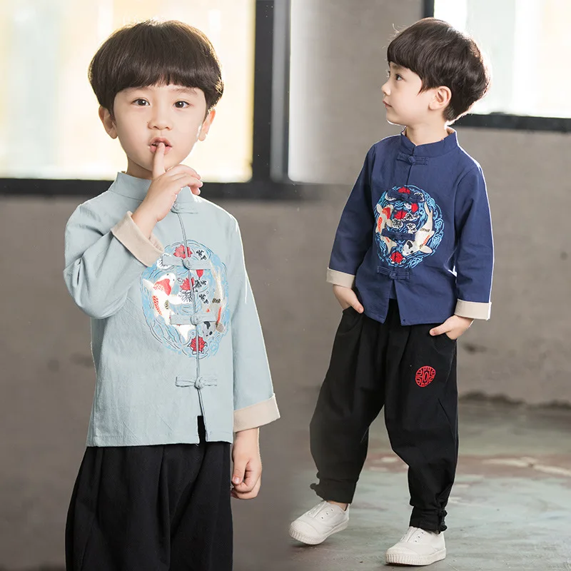 Модная одежда для маленьких мальчиков, Hanfu, китайский Детский костюм в стиле ретро, костюмы, рубашка+ штаны, комплекты из 2 предметов, детская форма тайцзи SL1070