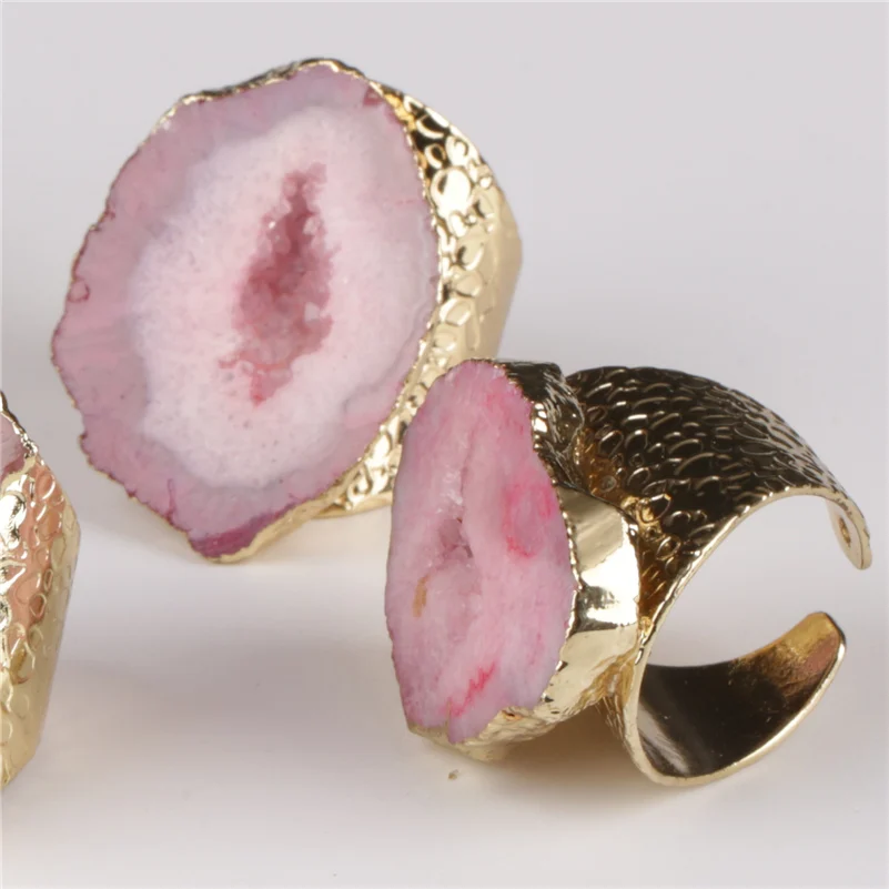 

big gold rose pink hot pink plum salmon color geode crystal stone slice bead charm adjust open hammered ring cuff for woman man