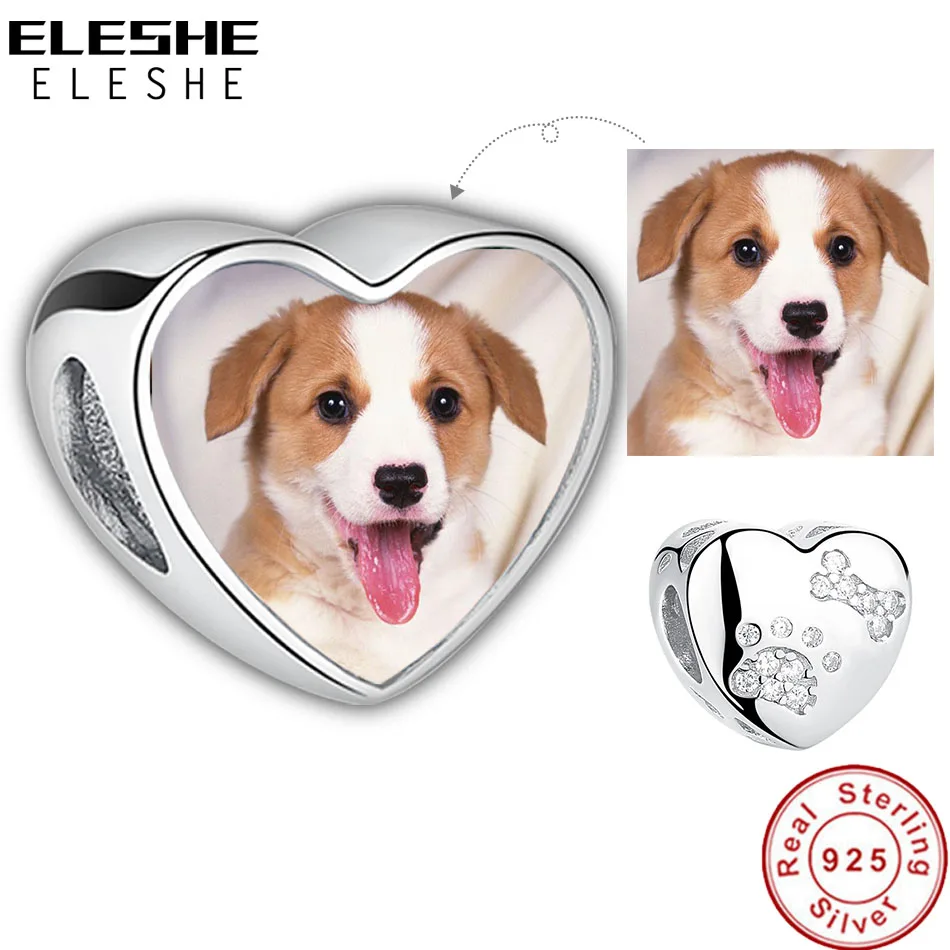 ELESHE DIY Personalized Jewelry 925 Sterling Silver Paw Print Heart Charms Custom Photo Beads Fit Original Pandora Bracelet