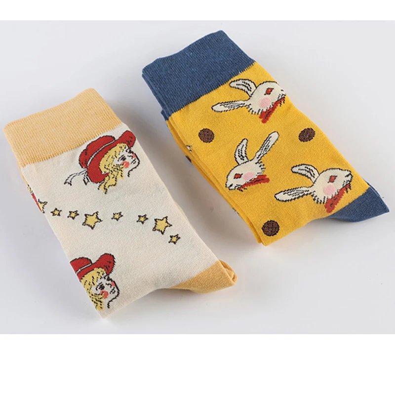 2 пар/лот, женские жаккардовые носки с забавным Кроликом, хлопковые короткие носки с рисунками из мультфильмов, носки для девушек и женщин, носки для осени и весны - Цвет: 1 pc each color
