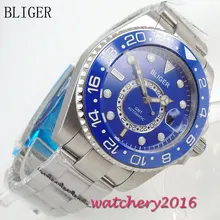 43mm Bliger Estéril Mostrador Azul Painel de cerâmica Vidro de Safira GMT Mão Luminosa Calendário Completo Assista Automatic men Mecânica