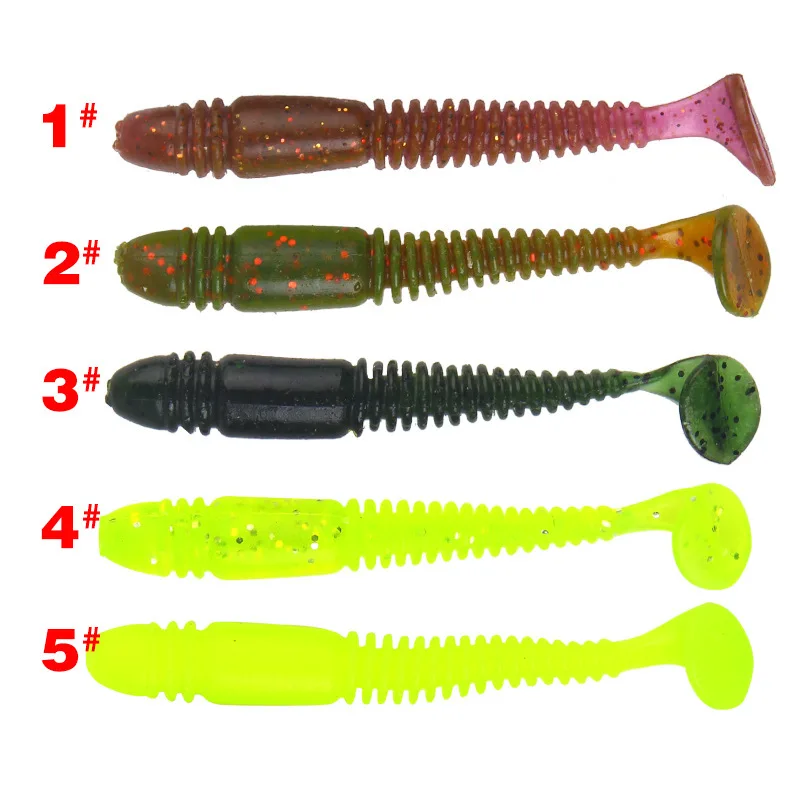 

5Pcs/lot Spiral Stripe T Tail Soft Smell Baits 7.5cm/3.1g Sea River Fishing Tackle Soft Bait Fishing Lure Pesca