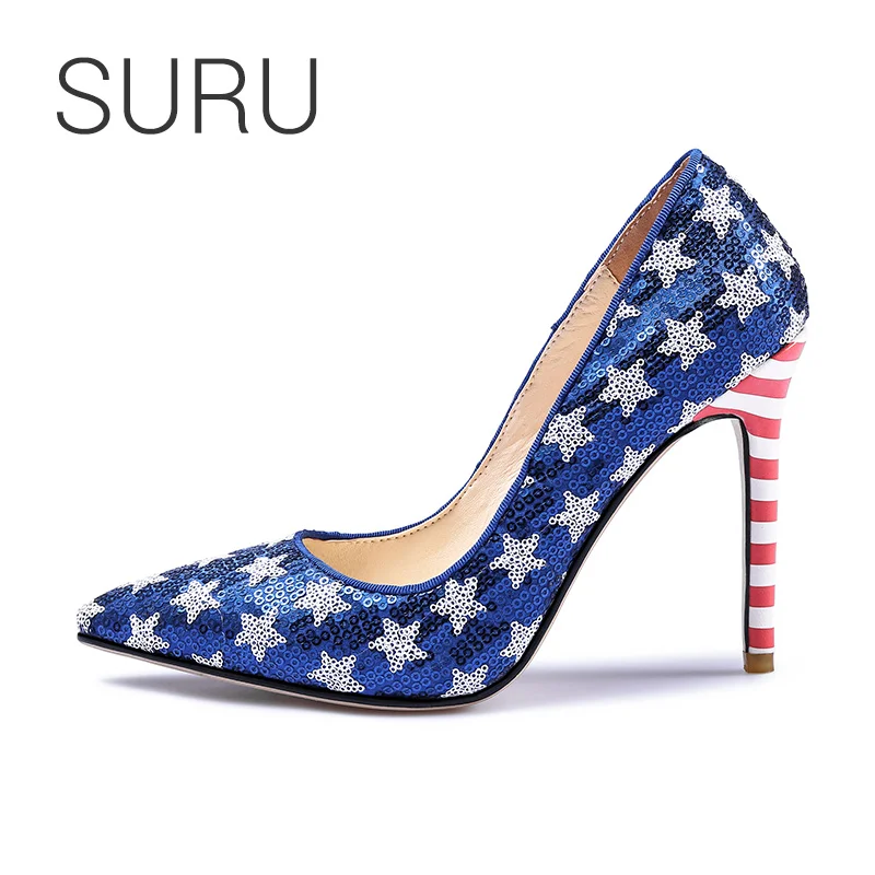 

SURU Glitter Star Pointed Toe High Heel Pumps For Women 4" Party Heels plus large size 40 41 42 43