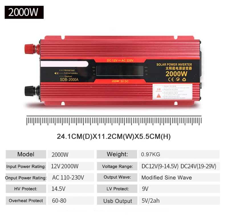 Автомобильный инвертор 12 В 220 в 2000 Вт USB зарядное устройство светодиодный дисплей Авто инверторы конвертер переходник для солнечных батарей для дома автомобили электронные