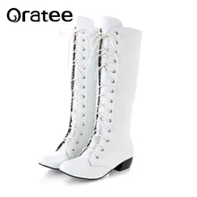 Женские сапоги до колена на шнуровке; сезон осень; модная женская обувь из мягкой кожи на квадратном каблуке; Цвет белый; большой размер 43