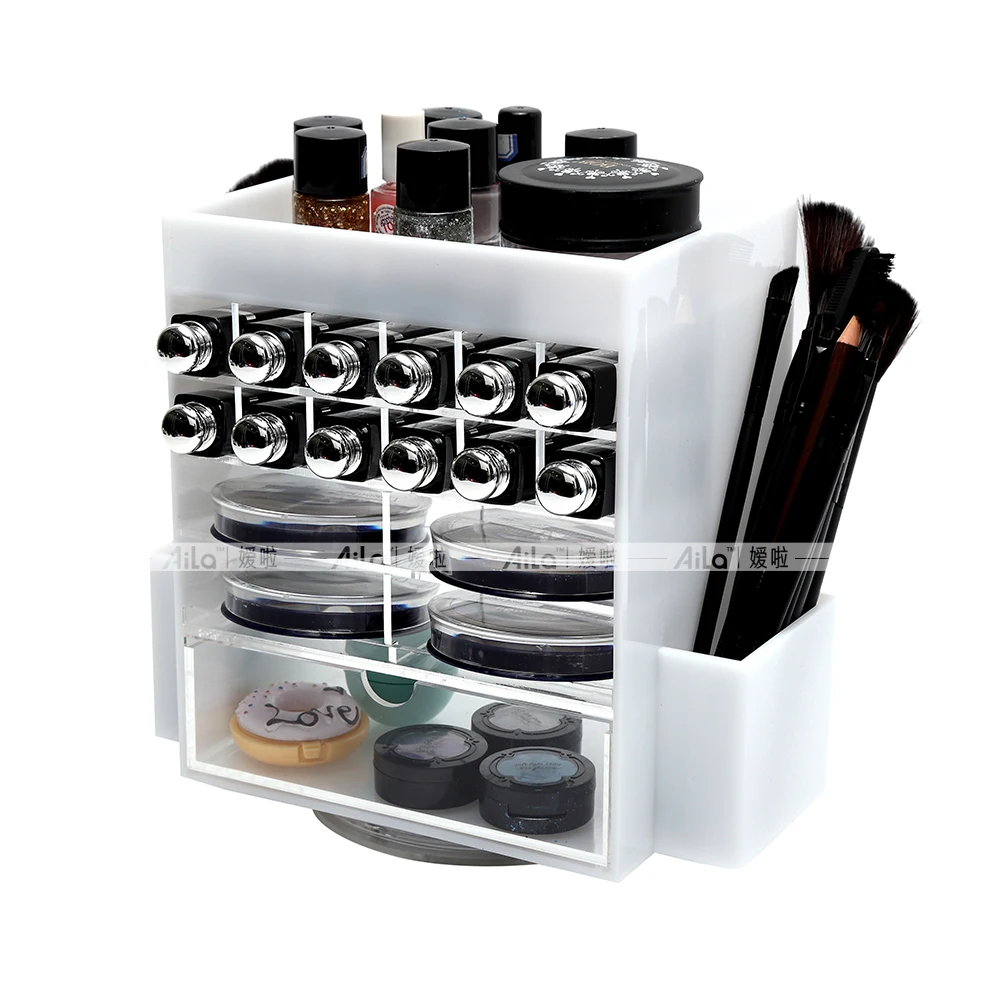 

Aila Spinning Acrylic Makeup Organizer Holds 12 Lipstick Holder 2 Brushes Slots 4 Powder Compact Cases White Cosmetics Storage