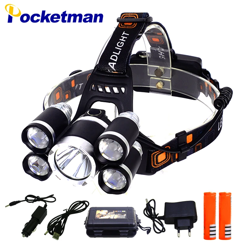 

40000 Lumens headlamp 5*LED XML T6 Headlight 4-Modes Headlamp Rechargeable Head Lamp flashlight+2*18650 Battery+AC/DC Charger