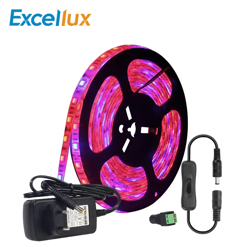 

5M/lot DC 12V Plant Grow Light Strip full spectrum 60LEDs IP65 Waterproof Red+Blue led Strip Light For Indoor Plants EU/US Plug